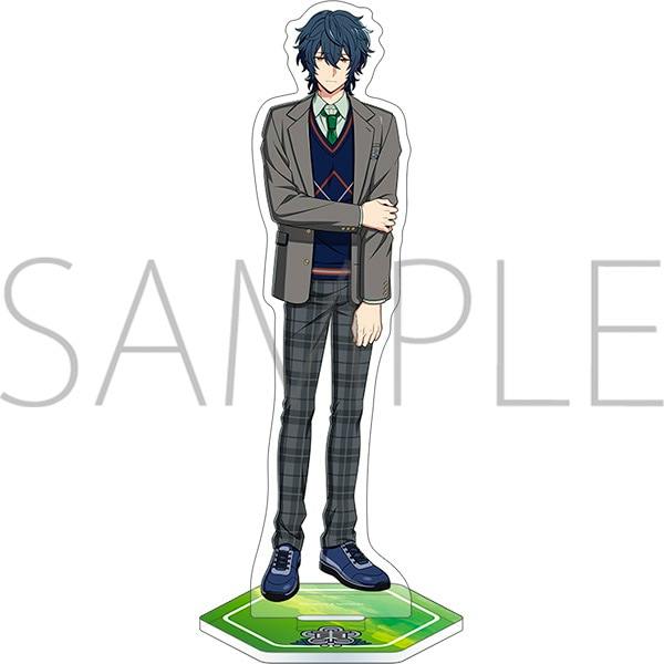 Acrylic decorative stand showing the 6th Anniversary Schooldays ver. グレイ・リヴァース character printed as a cutout on a green hexagonal base.