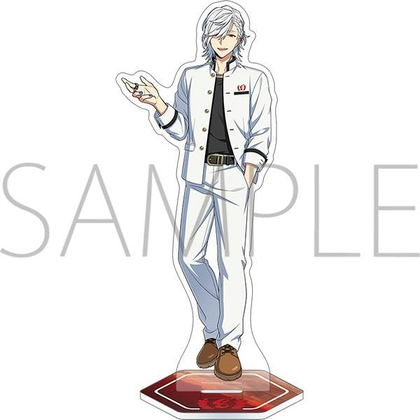Acrylic stand showing a full-body illustration of Shin in a white school uniform standing on a red hexagonal base.
