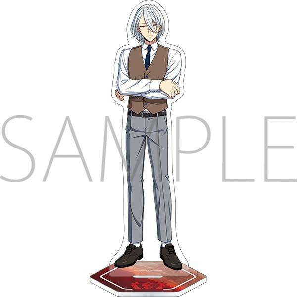 Acrylic stand showing the Sirius character wearing a vest, tie, and trousers, mounted on a red display base with SAMPLE watermark.