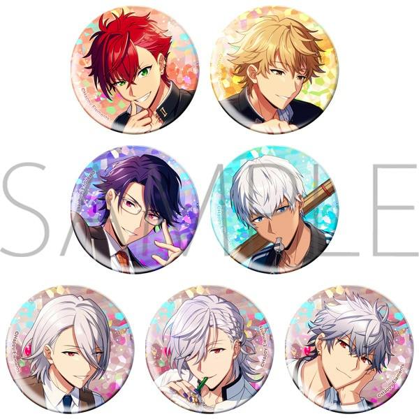 Seven round character badge illustrations arranged in a grid showing different anime-style male characters on patterned backgrounds.