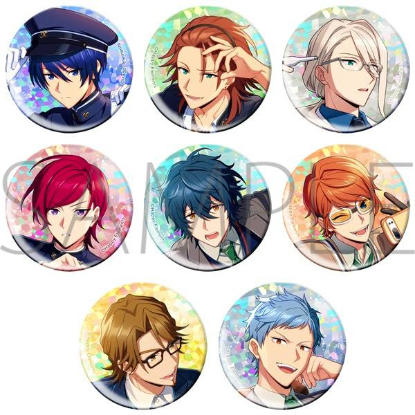 Nine round character can-badges showing illustrated characters' faces in various poses on holographic backgrounds.