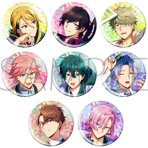 Nine round character pin badges displaying illustrated anime-style characters on colorful holographic backgrounds.