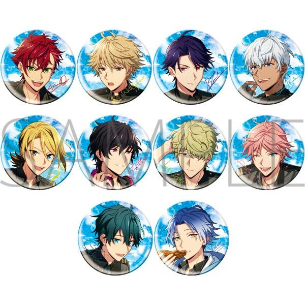 Eleven round character can badges showing illustrated male anime faces on blue backgrounds arranged in rows.