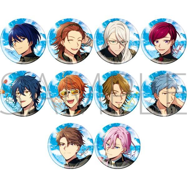 Multiple round character can badges showing illustrated male anime portraits on blue-sky backgrounds.
