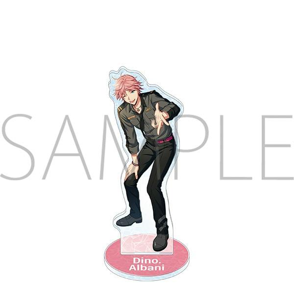 Front view of the 6th Anniversary shell-style acrylic stand showing Dino Albani on a round pink base labeled "Dino. Albani".