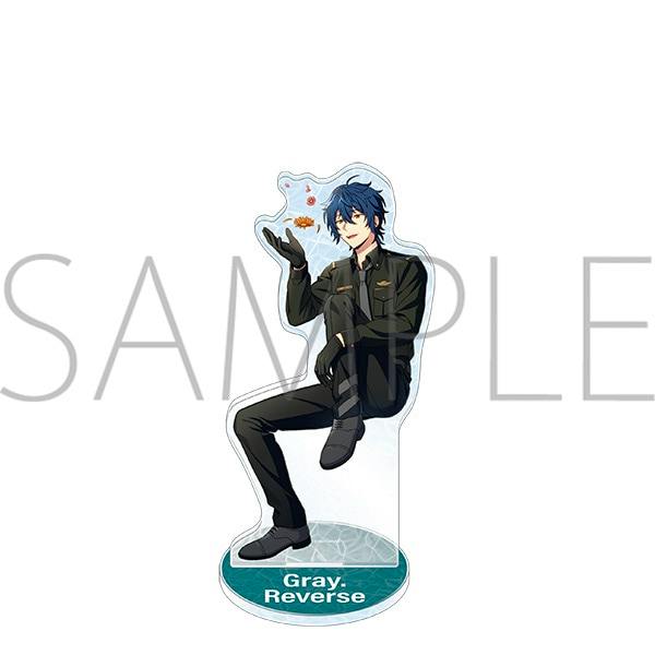 Acrylic character stand showing Gray Reverse seated, with a circular base labeled "Gray. Reverse".