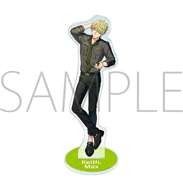 A clear acrylic character stand of Keith Max posed on a round green base labeled "Keith. Max".