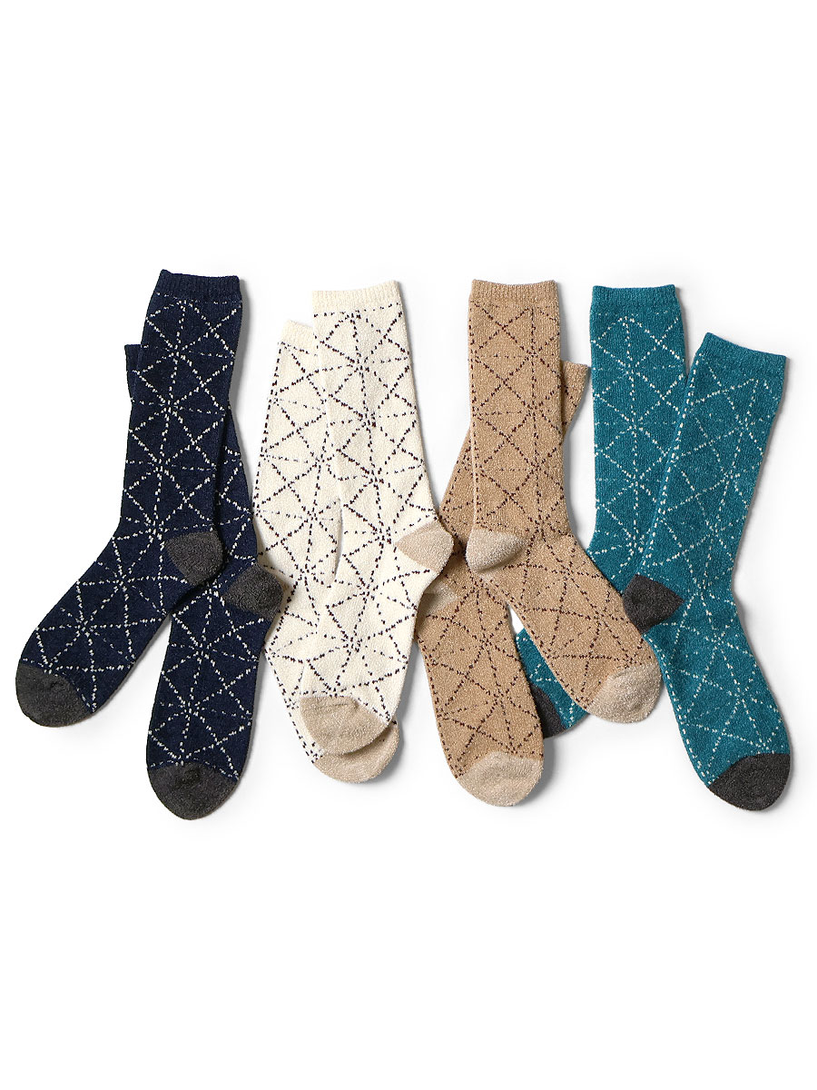 Five patterned nylon socks in different colors arranged on a white background.