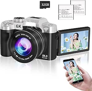A black digital camera with a flipped-out 180° rotating LCD screen shown alongside a smartphone displaying a transferred photo.