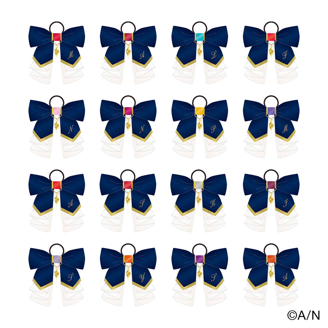 Illustration of sixteen navy-and-white bow-shaped penlight straps arranged in a grid, each with a different colored center and gold monogram, on a black background.