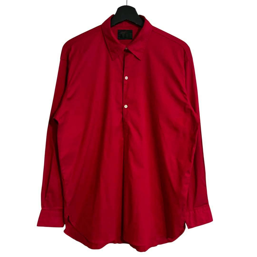 Front view of a red men's cotton shirt hanging on a hanger against a white background.