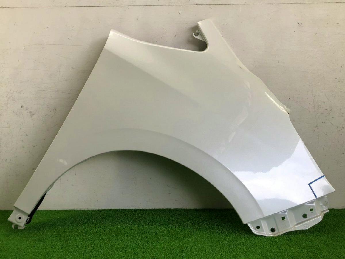 White right fender car panel shown leaning against a white wall on green turf.
