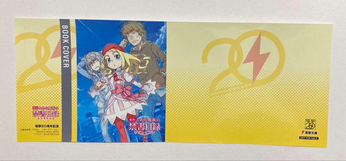 Flat photo of the 新約とある魔術の禁書目録 20th-anniversary paper book cover showing character artwork in the center and a yellow '20' logo on the right.