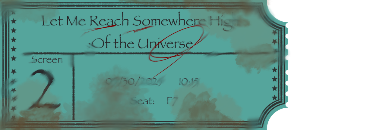 Teal ticket-shaped bookmark resembling a movie stub with printed decorative text and seat/screen fields.