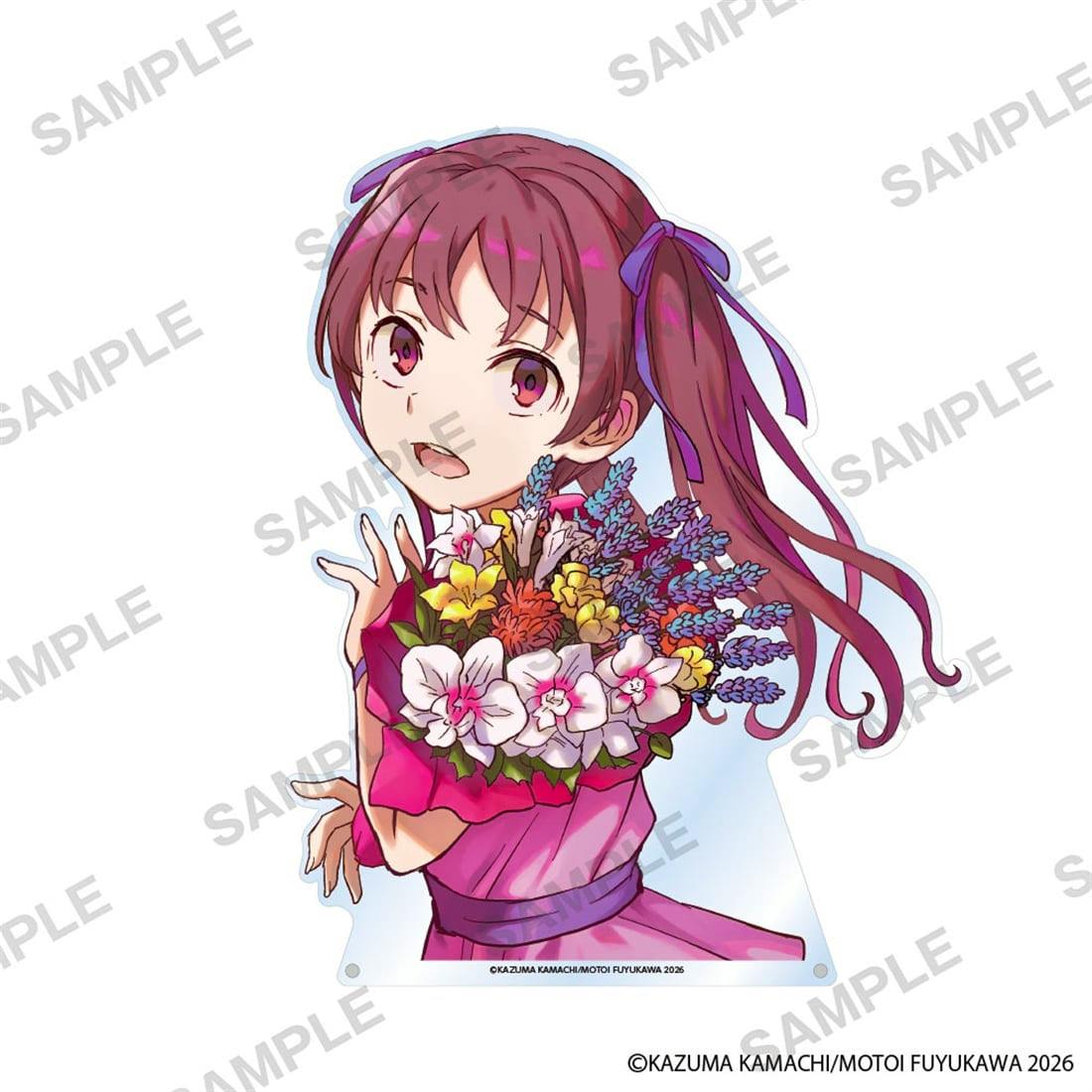 Acrylic bust-up panel of Shirai Kuroko holding a bouquet of flowers on a white background.