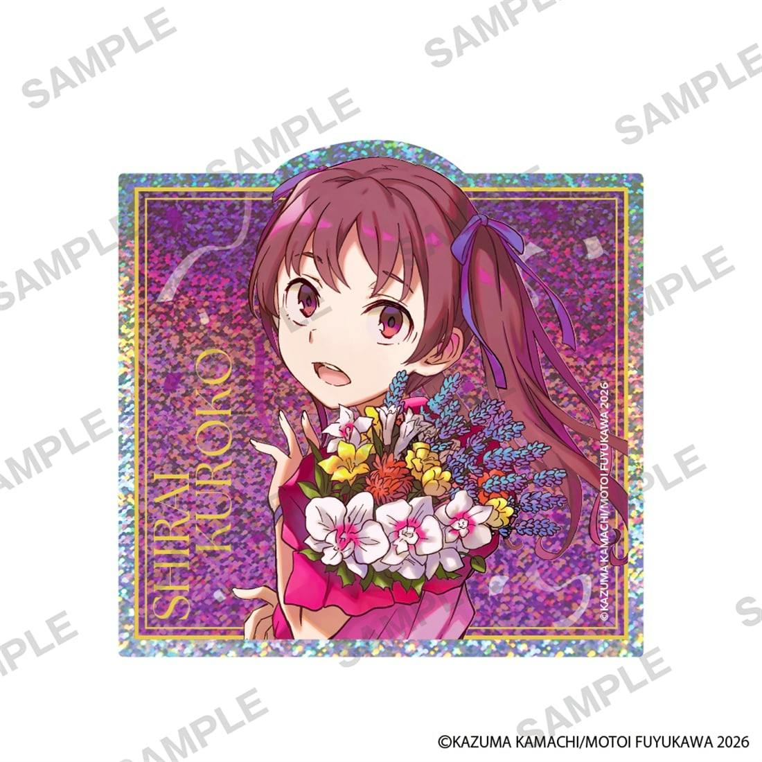 Close-up glittery sticker showing the character Shirai Kuroko holding a bouquet against a holographic background.