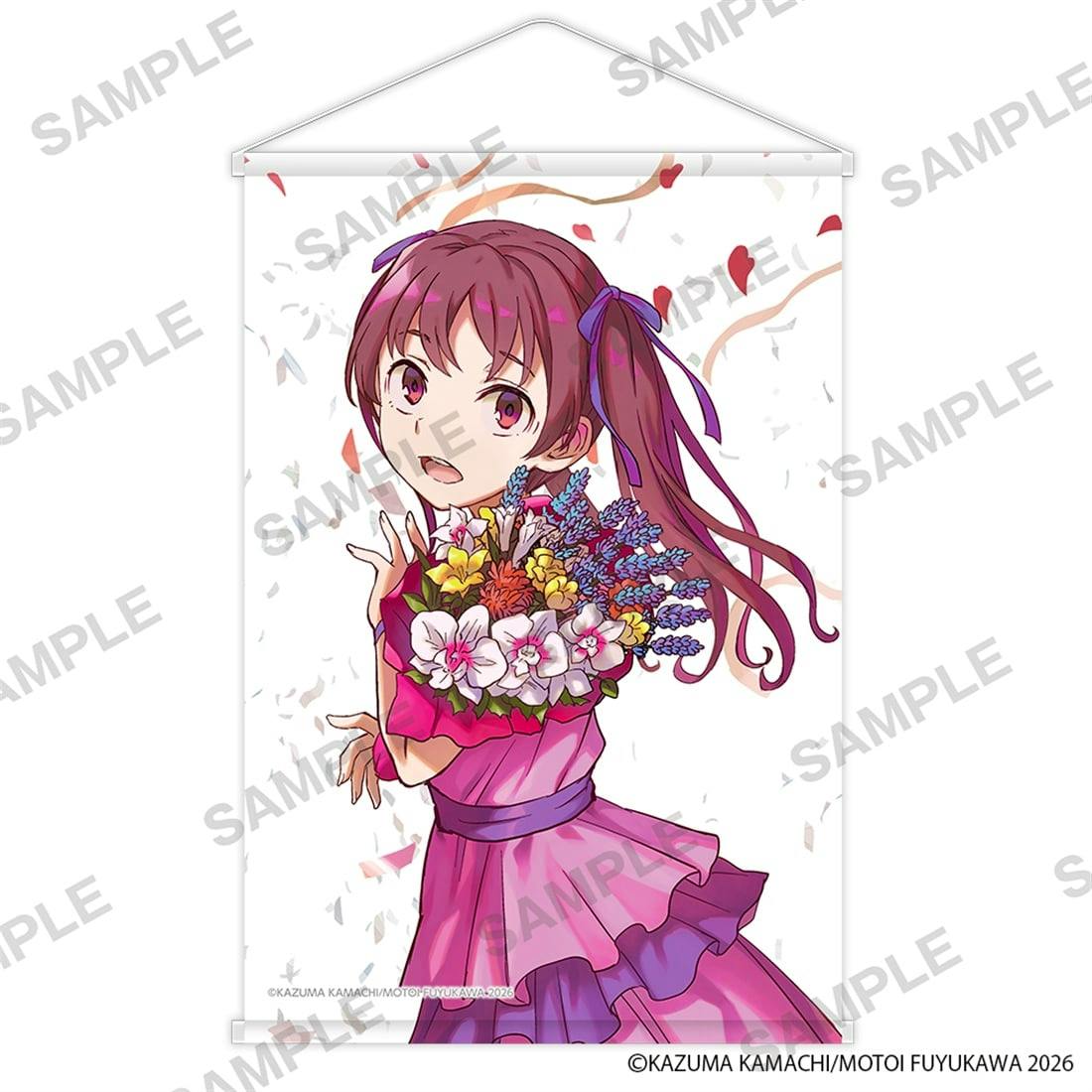 B2 tapestry of Shirai Kuroko wearing a pink dress and holding a bouquet, shown hanging with a SAMPLE watermark.