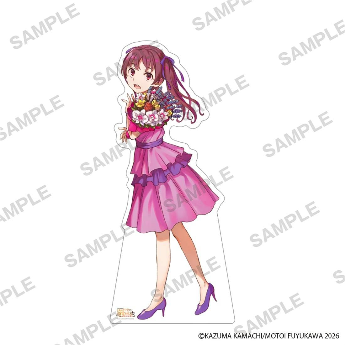 Front view of the life-sized panel standee of Shirai Kuroko from the title wearing a pink dress and holding a bouquet of flowers.