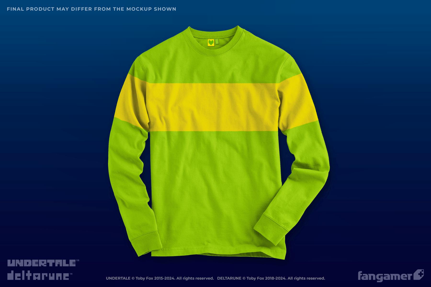 Front view of a green cotton long-sleeve sweatshirt with a wide yellow horizontal stripe across the chest.