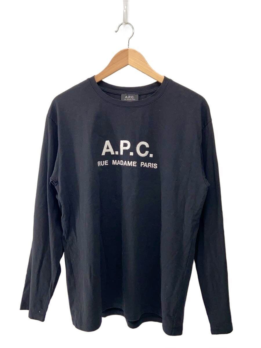 Front view of a black long-sleeve cotton sweatshirt by A.P.C. on a wooden hanger showing the A.P.C. logo on the chest.