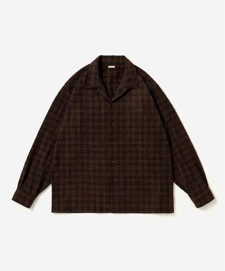 Brown checked silk loop-collar men's shirt laid flat on a white background.