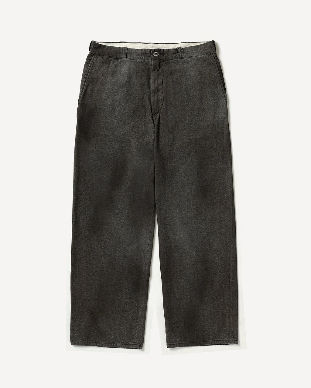 Front view of the A.PRESSE vintage black chambray work pants laid flat on a white background.