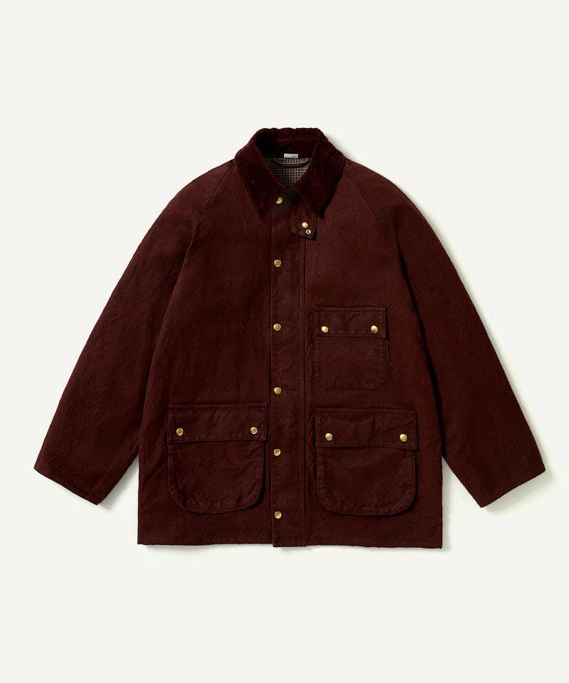 Front view of the men's Vintage Silk Hemp Riding Oiled Jacket laid flat showing the collar, snap-button front, and four front pockets.