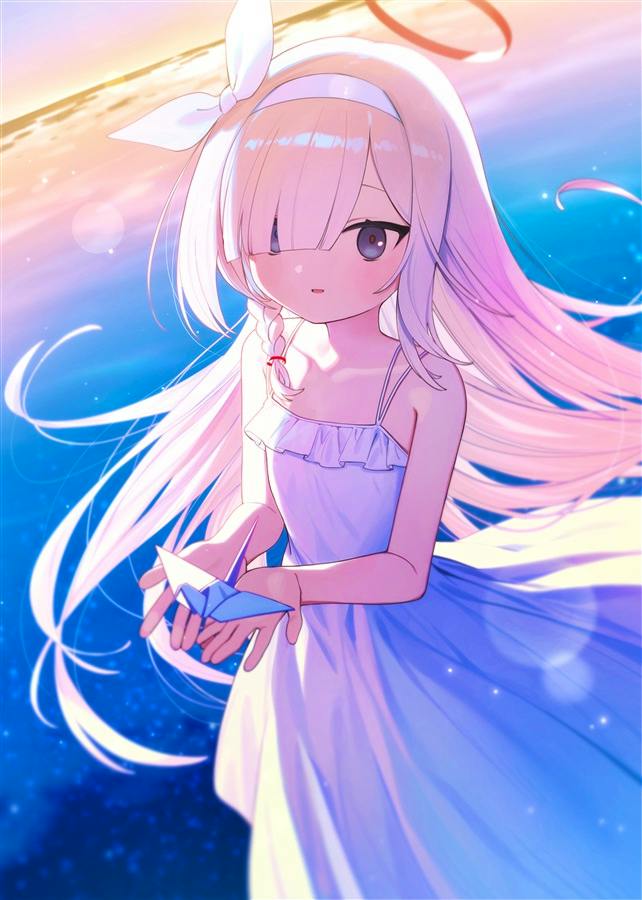 B2 tapestry illustration showing a girl in a white dress holding a paper boat against a blue, water-like background.