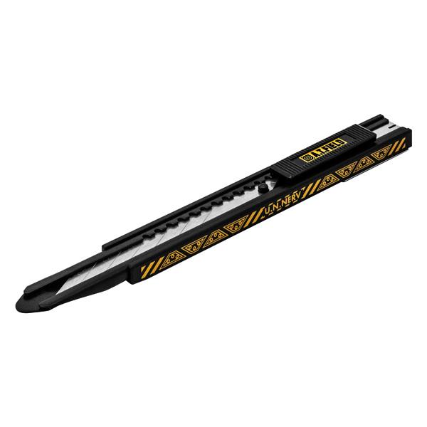 A black A.T.FIELD NERV model paper knife with yellow NERV markings and a retractable segmented blade.