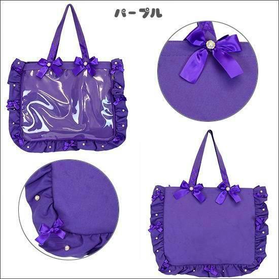Purple A3 frill-design ita-bag tote showing the bag front with clear pocket, ruffled edges, bows, and decorative studs, plus a back view and detail close-ups.