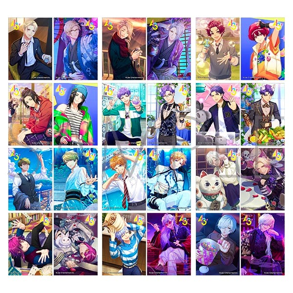 Grid of illustrated A3! half bromide photocard images showing multiple character designs and poses.