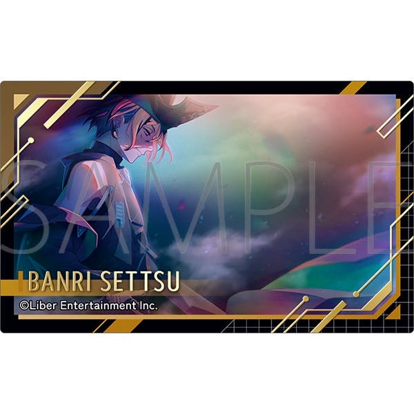 Front of a trading clear card showing the character Banri Settsu with a SAMPLE watermark.