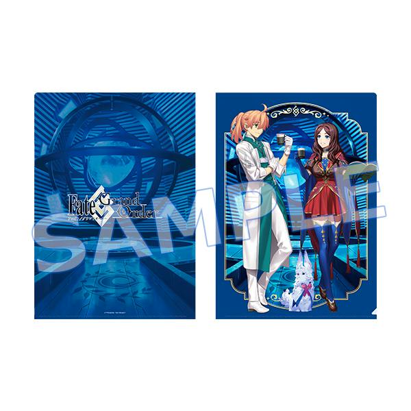 A4 clear file folders shown side-by-side: left folder with blue background and Fate/Grand Order logo, right folder depicting two characters and a small creature.