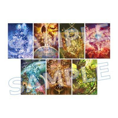 Seven A5 illustration cards showing colorful fantasy artwork arranged in two rows with a SAMPLE watermark.