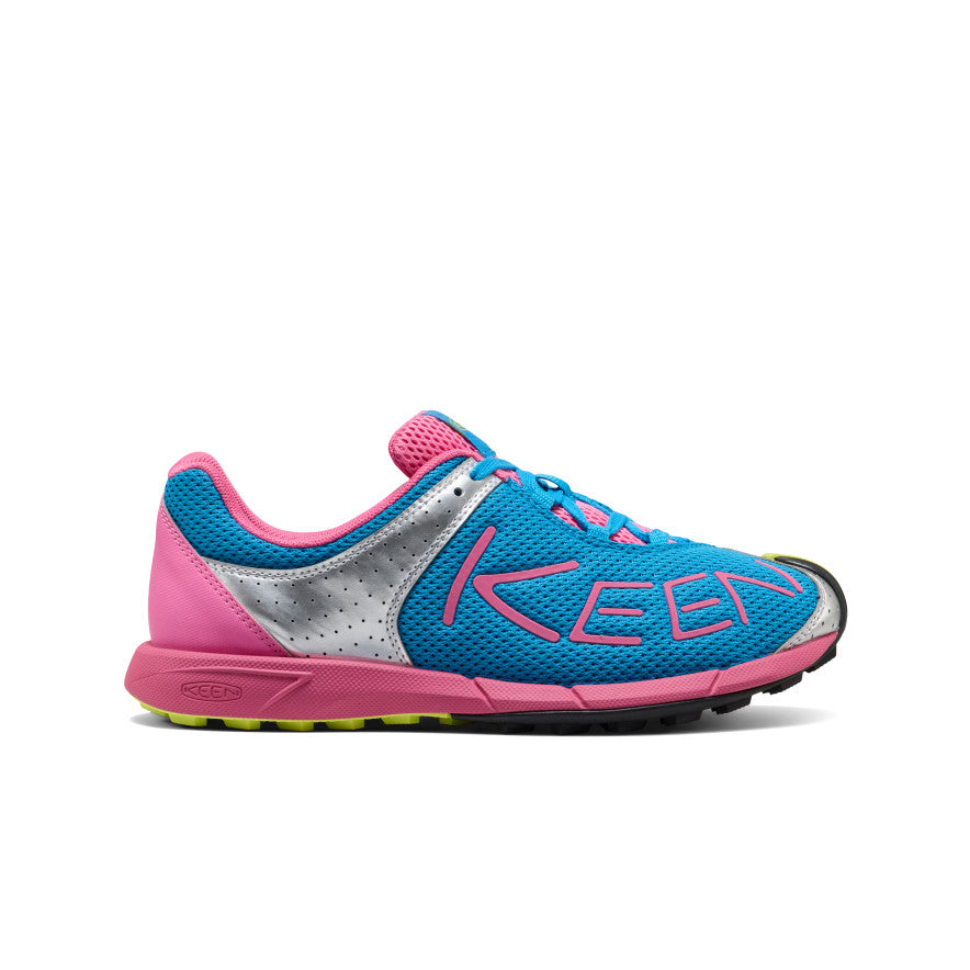 Side view of a women's polyester shoe with a blue upper and pink, silver, and yellow accents.