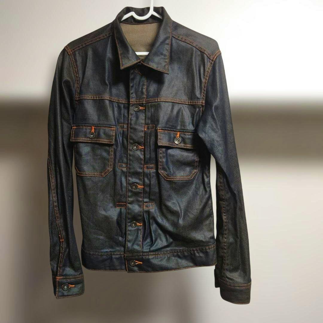Front view of a dark indigo ABAHOUSE denim men's jacket (size 3) hanging on a hanger, showing pockets and buttons.