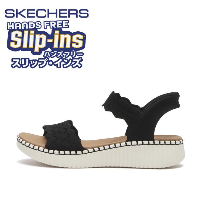 Side profile of a black synthetic leather sandal with a white platform sole and Skechers Slip‑ins logo in the corner.