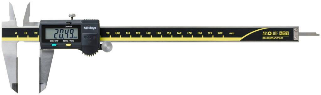 Digital ABS caliper with a long black scale and an LCD display reading 20.49 mm.