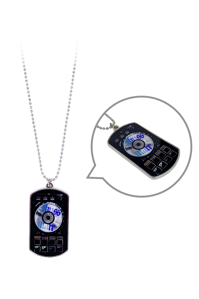 Abyssmare×GEKIROCK CLOTHING collaboration dog-tag necklace showing a rectangular pendant with a circular reflective disc detail hanging from a ball chain on a white background.