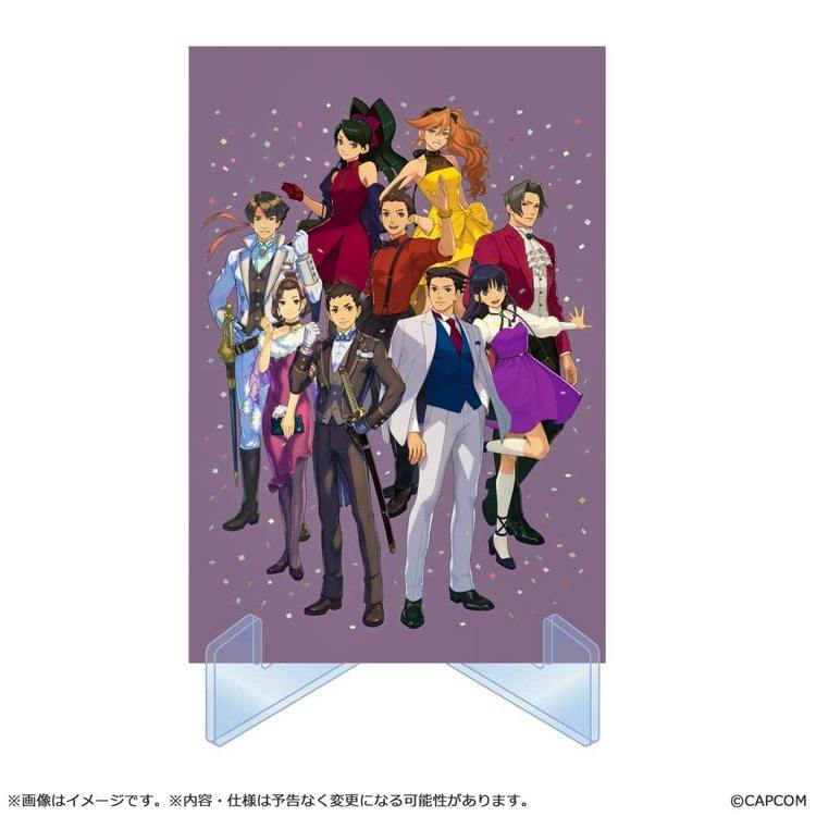 An illustration card showing multiple Ace Attorney characters on a purple background displayed with a clear plastic stand.