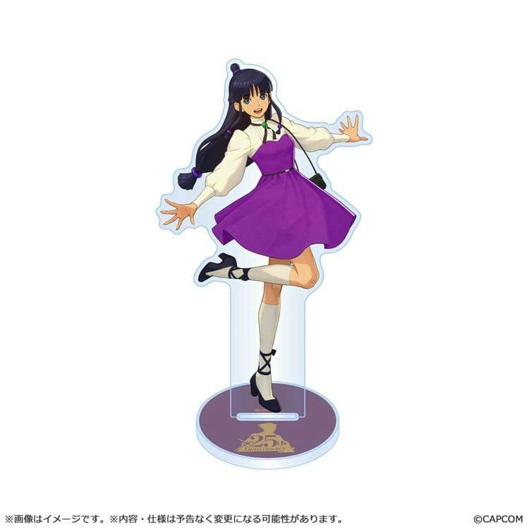Acrylic stand of 綾里 真宵 (Ace Attorney 25th anniversary) showing the character in a purple dress mounted on a round base with a 25th logo.