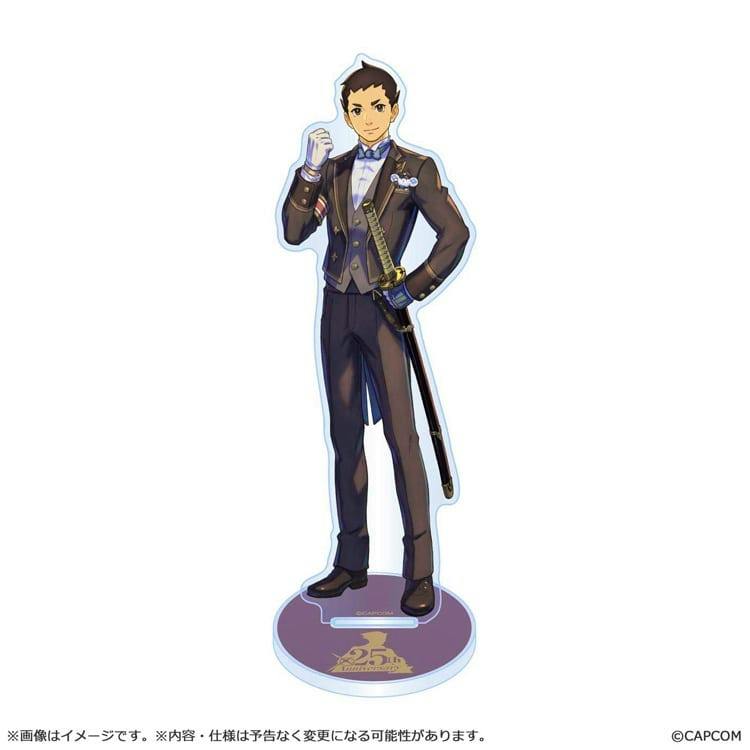 Acrylic stand of Ryunosuke Naruhodou in formal attire with a sheathed sword, on a round 25th‑anniversary purple base.