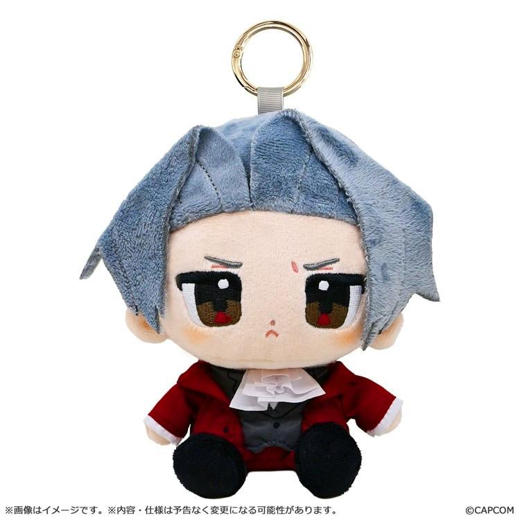 Front view of the carabiner-attached plush keychain of 御剣 怜侍 from the listing, showing gray hair, a red jacket, and a gold ring carabiner.