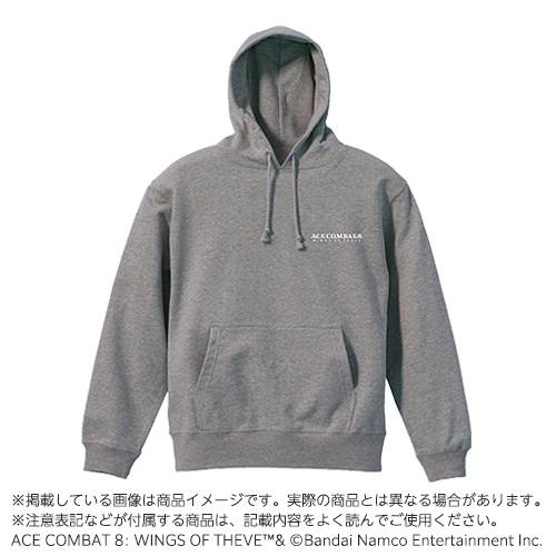 Gray ACE COMBAT 8 branded cotton hoodie (XL) shown front view with hood, drawstrings, kangaroo pocket, and small chest logo.