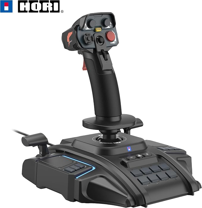 Three-quarter photo of the ACE COMBAT 8 flight stick controller and base showing the joystick, multiple buttons, and a throttle lever.