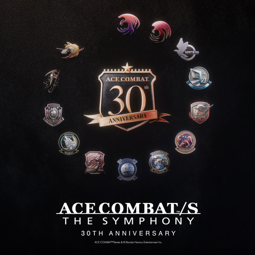 Front cover artwork for the ACE COMBAT/S THE SYMPHONY 30TH ANNIVERSARY CD showing a 30th anniversary emblem and circular game logos on a black background.