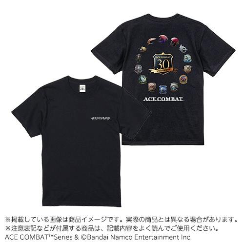 Black ACE COMBAT 30th anniversary men's cotton T-shirt shown front and back with a small chest logo and a large circular back anniversary graphic.