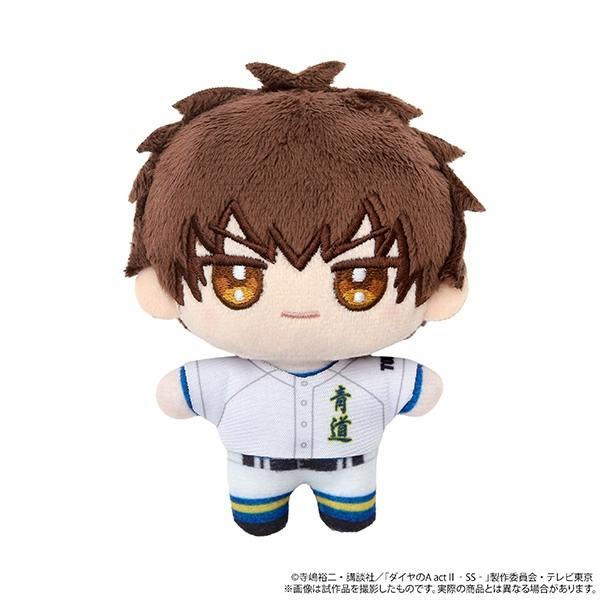 Front view of the Sawamura Eijun plush mascot keychain wearing a white baseball uniform.