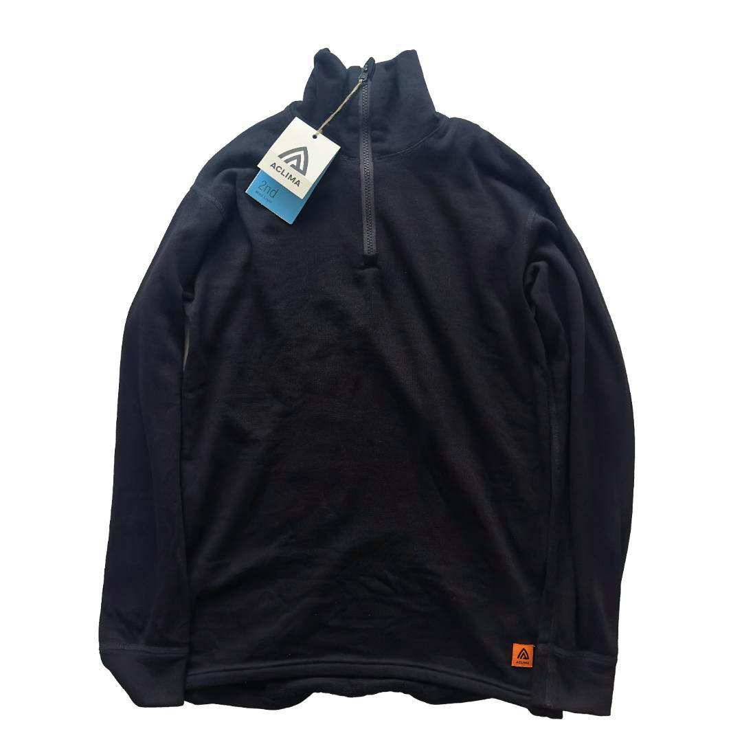 Black ACLIMA WoolTerry sweater laid flat with a quarter-zip and brand tag attached.