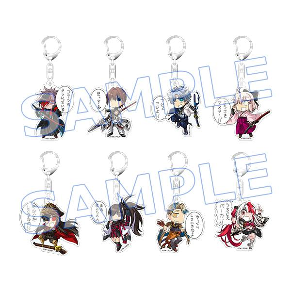 Eight acrylic keychain charms showing chibi character illustrations with metal clasps, arranged in a grid and overlaid by a SAMPLE watermark.